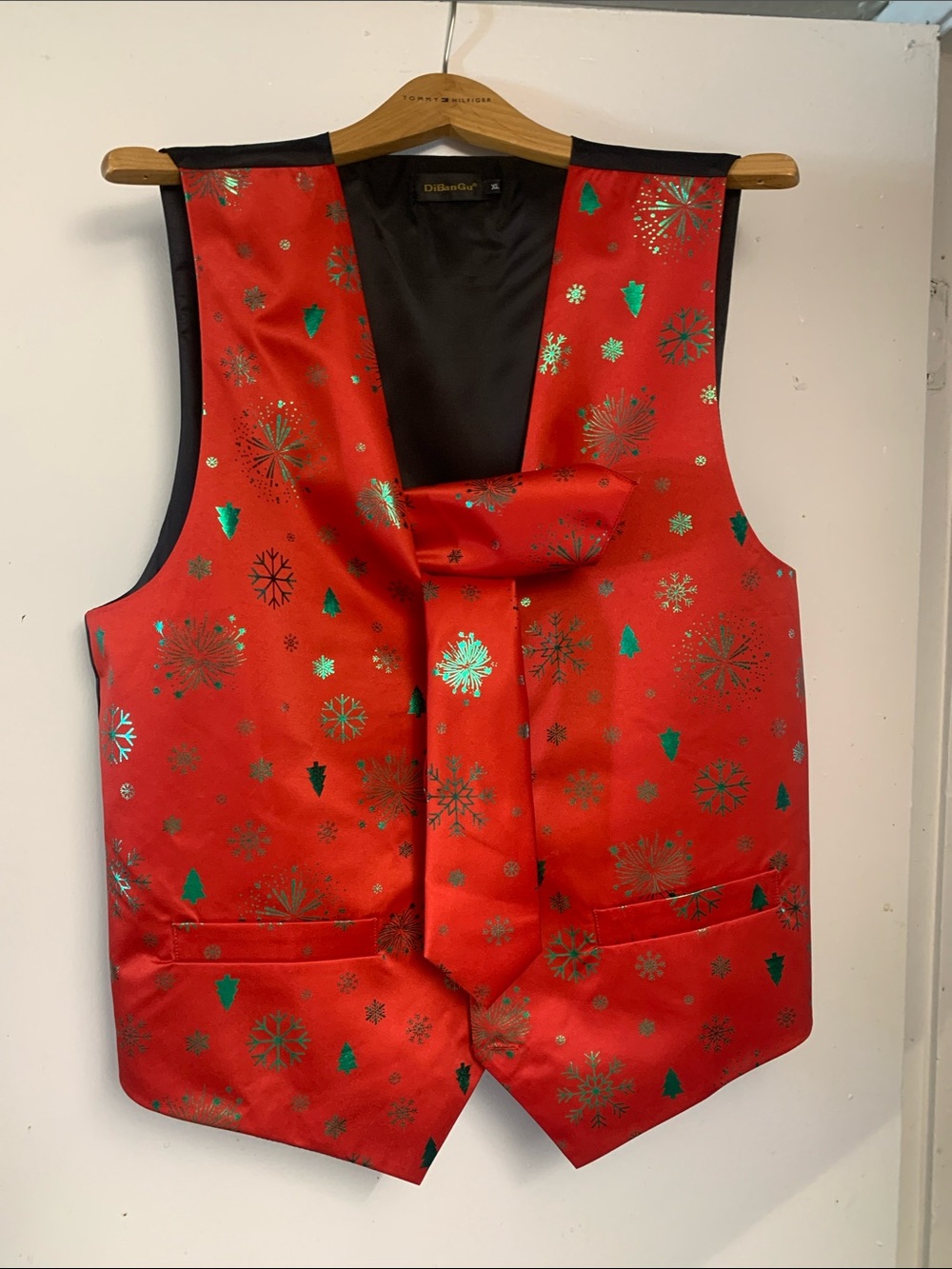 Diba Red Satin Holiday Vest with Green and Gold Accents, 3 piece set!